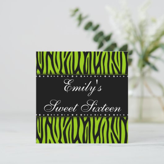 ライムグリーンのシマウマのダイヤモンドの菓子16の誕生日 招待状 (スタンド正面)