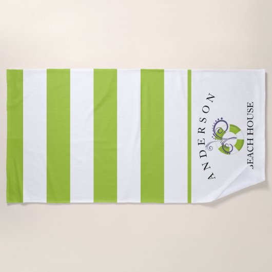 ライムグリーンのストライプのパーソナライズなビーチハウス ビーチタオル (正面)