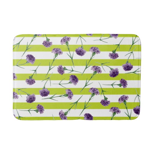 ライムグリーンのストライプの紫色のカーネーションパターン バスマット (正面)