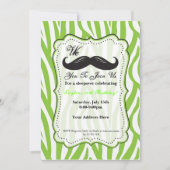 ライムグリーンのゼブラの口ひげの誕生日パーティーの招待状です。 招待状 (正面)