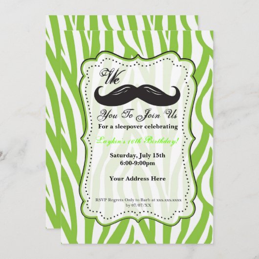 ライムグリーンのゼブラの口ひげの誕生日パーティー招待状 招待状 (正面/裏面)
