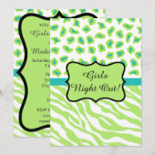 ライムグリーンのゼブラ柄レパードの女子会パーティー 招待状 (正面/裏面)