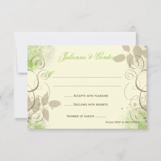 ライムグリーンのタンのグランジな渦巻の葉の応答カード 出欠カード (正面)