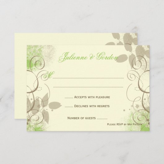 ライムグリーンのタンのグランジな渦巻の葉の応答カード 出欠カード (正面/裏面)