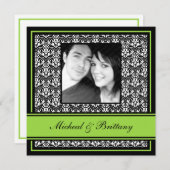 ライムグリーンのダマスク結婚式婚約発表 案内状 (正面/裏面)