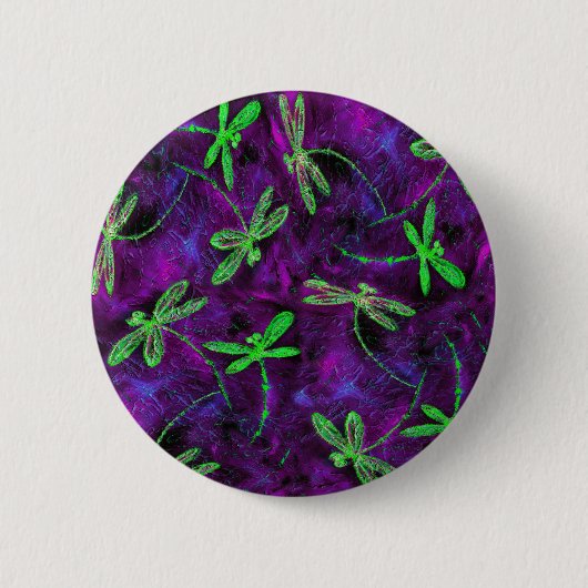 ライムグリーンのトンボたち - ホットピンクとパープル 缶バッジ (正面)