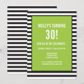 ライムグリーンのブラック＆ホワイトストライプパーティー 招待状 (正面/裏面)