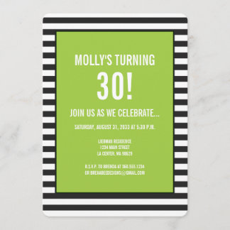 ライムグリーンのブラック＆ホワイトストライプパーティー 招待状