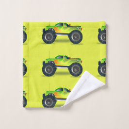 ライムグリーンのモンスタートラック ウォッシュタオル