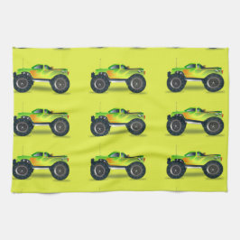 ライムグリーンのモンスタートラック キッチンタオル