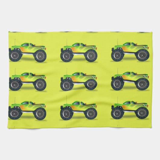 ライムグリーンのモンスタートラック キッチンタオル (横)
