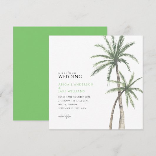 ライムグリーンのヤシの木の結婚式 招待状 (正面/裏面)
