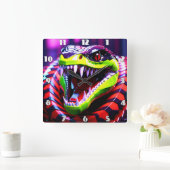 ライムグリーンの唇とピンクの目の眉を持つコブラヘビ スクエア壁時計 (ホーム)