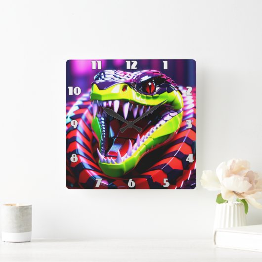ライムグリーンの唇とピンクの目の眉を持つコブラヘビ スクエア壁時計 (ホーム)