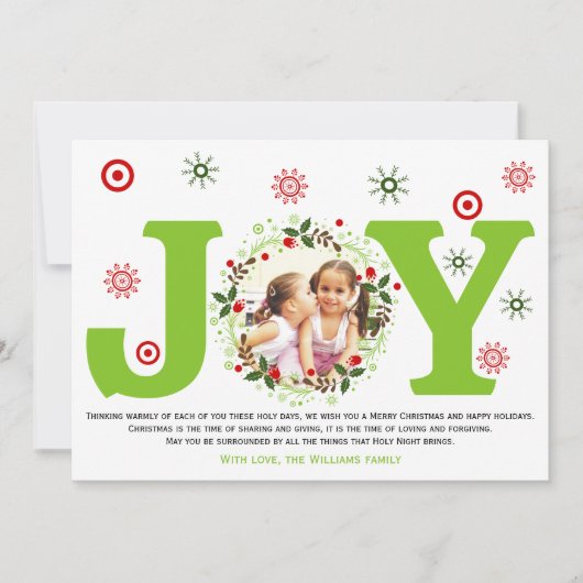 ライムグリーンの喜びとクリスマスの花輪の写真 シーズンカード (正面)