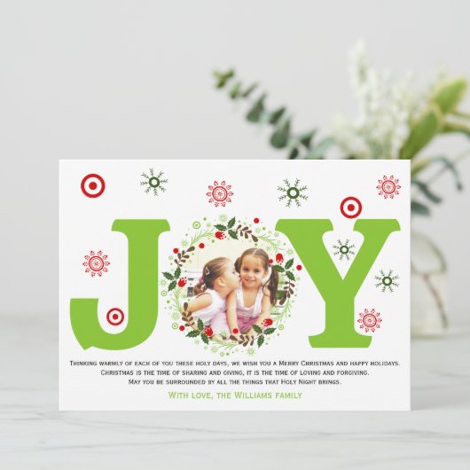 ライムグリーンの喜びとクリスマスの花輪の写真 シーズンカード (スタンド正面)