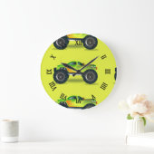 ライムグリーンの怪獣トラック ラージ壁時計 (ホーム)
