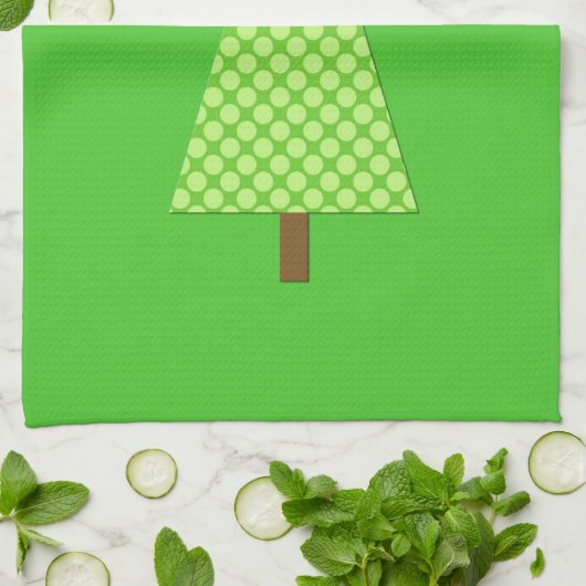 ライムグリーンの水玉模様のモダンなクリスマスツリー キッチンタオル (折り畳み)