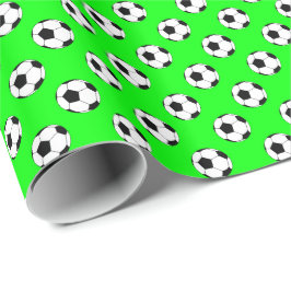 ライムグリーンの背景に白黒のサッカーボール ラッピングペーパー