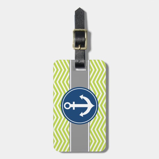 ライムグリーンの航海のないかりシェブロン ラゲッジタグ (正面縦)