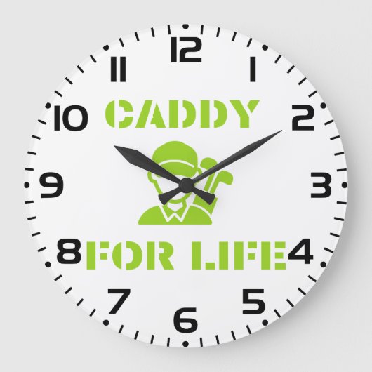 ライムグリーンの"Caddy For Life"ゴルフラゲッジタグ ラージ壁時計 (正面)