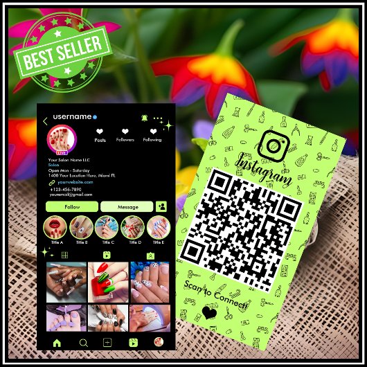 ライムグリーンのInstagramネイルサロンQRコード 名刺