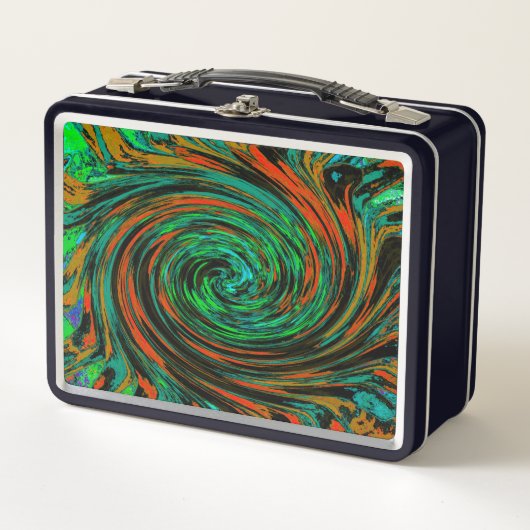 ライムグリーンアンドオレンジ抽象芸術レトロトワイル メタルランチボックス (正面)