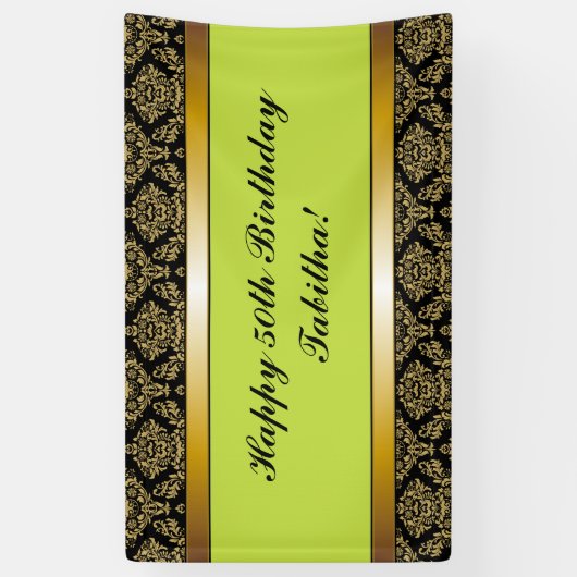 ライムグリーンエイジ金ゴールドダマスク誕生日バナー 横断幕 (縦)
