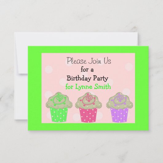 ライムグリーンカップケーキバースデーパーティーの招待 招待状 (正面)