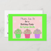 ライムグリーンカップケーキバースデーパーティーの招待 招待状 (正面/裏面)