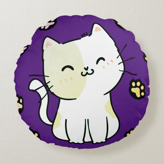 ライムグリーンキャット&ポーズ装飾用クッション ラウンドクッション (正面)