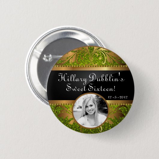 ライムグリーングリッターシークインディスコグリッツフォトボタン 缶バッジ (正面&裏面)