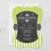 ライムグリーングレーの黒板のストライプベビーシャワー 招待状 (正面)