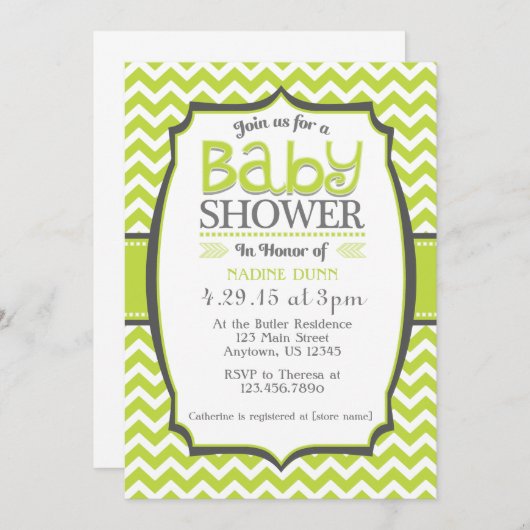 ライムグリーングレーシェブロンベビーシャワー招待状 招待状 (正面/裏面)
