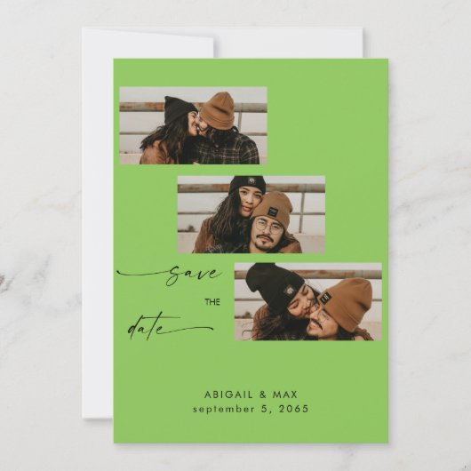 ライムグリーンコラージュ写真結婚式の日付を保存 セーブザデート (正面)