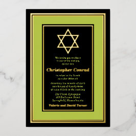 ライムグリーンゴールドフォイルスターオブデイヴィッドバー（ユダヤ教の）バル・ミツバー 箔招待状