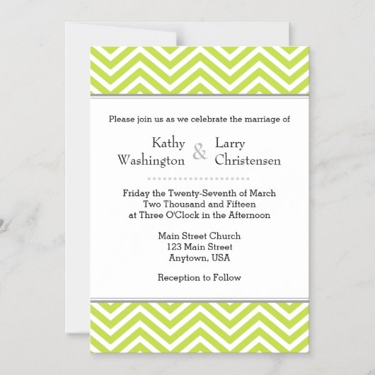 ライムグリーンシェブロン磁気結婚式招待状 マグネット招待状 (正面)