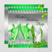 ライムグリーンシャンパングリッターシューズバースデーパーティー 招待状 (正面/裏面)