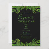 ライムグリーンスパークルグリッターブラックスウィート16パーティー 招待状 (正面)