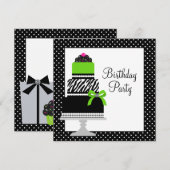 ライムグリーンゼブラケーキカップケーキ誕生日パーティー 招待状 (正面/裏面)