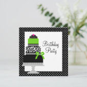 ライムグリーンゼブラケーキカップケーキ誕生日パーティー 招待状 (スタンド正面)