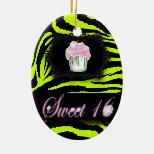ライムグリーンゼブラプリントスウィート16ギフトオーナメント セラミックオーナメント (裏面)