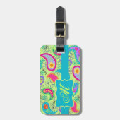 ライムグリーンターコイズモダンペイズリーモノグラム ラゲッジタグ (正面縦)