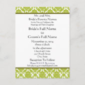 ライムグリーンダマスクオンホワイト結婚式招待状 インビテーションポストカード (正面)