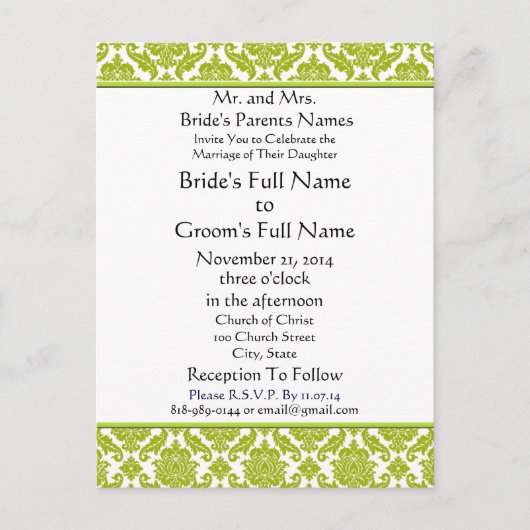 ライムグリーンダマスクオンホワイト結婚式招待状 インビテーションポストカード (正面)