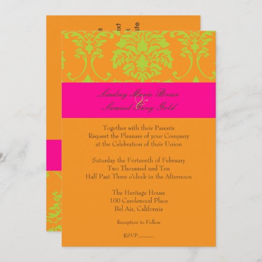 ライムグリーンダマスク/ホットピンク/オレンジ 招待状 (正面/裏面)