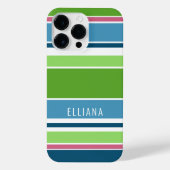 ライムグリーンダークティール(緑がかった色)ブルーホットピンクホワイトストライプの iPhoneケース (裏面)