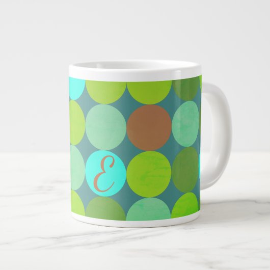 ライムグリーンティール(緑がかった色)ターコイズ&ラストサークルモノグラム ジャンボコーヒーマグカップ (正面右)