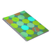 ライムグリーンティール(緑がかった色)ターコイズ&ラストサークルモノグラム ノートブック (右側)