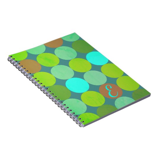 ライムグリーンティール(緑がかった色)ターコイズ&ラストサークルモノグラム ノートブック (右側)